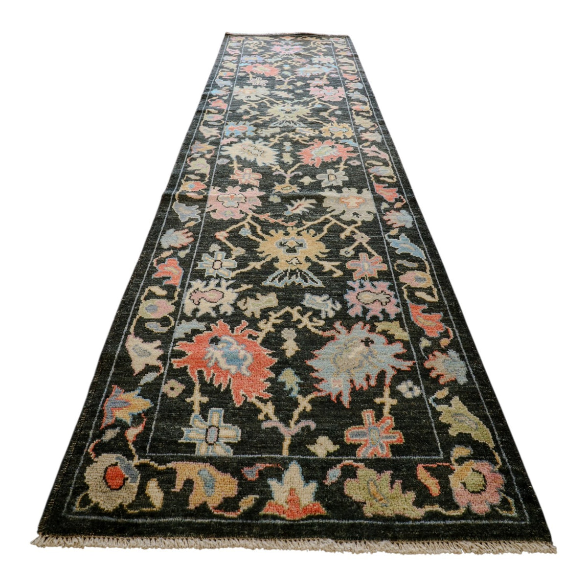 3'2" x 11'5" Black & Pastel Angora Oushak Runner