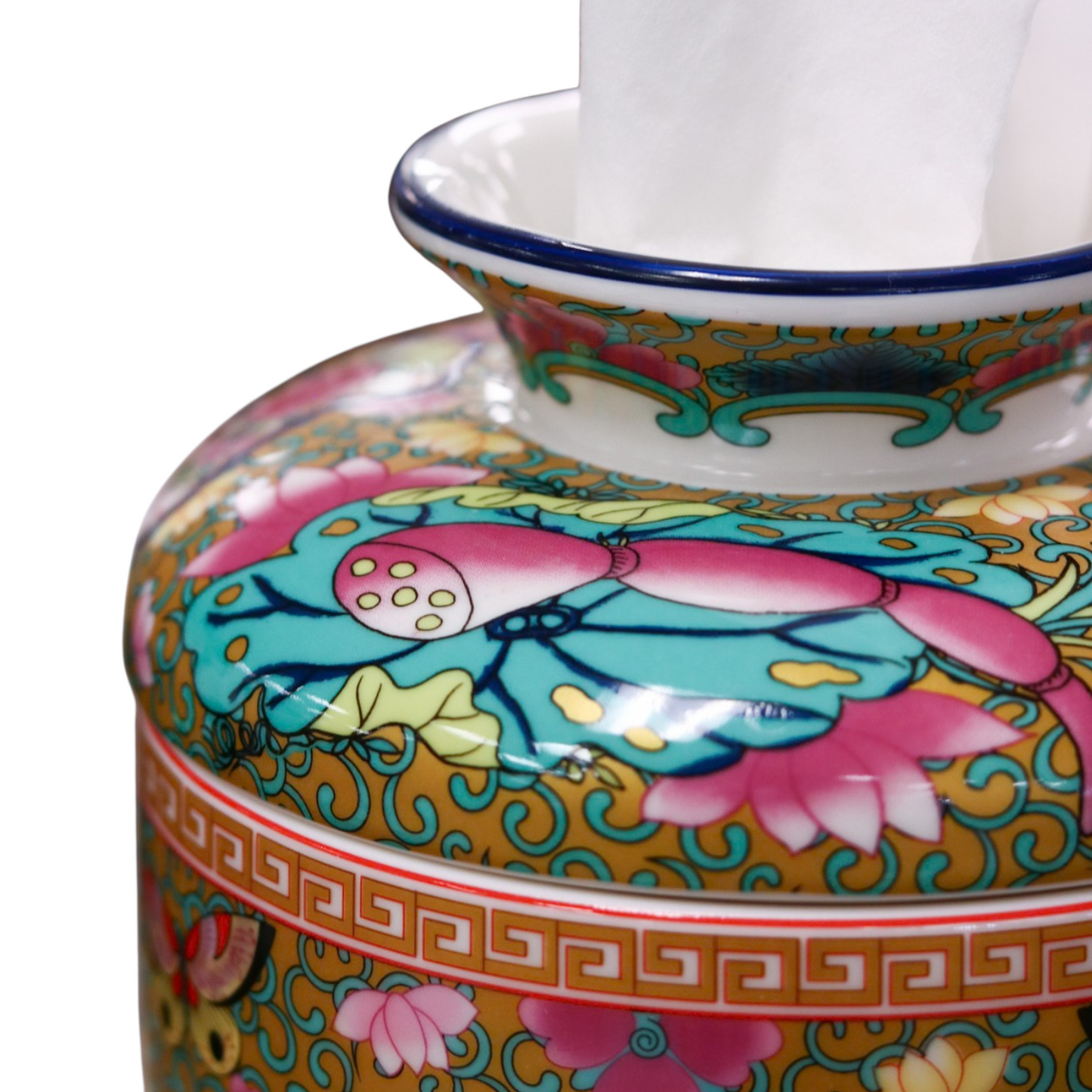 Round Porcelain Tissue Box in Canton Rose Medallion