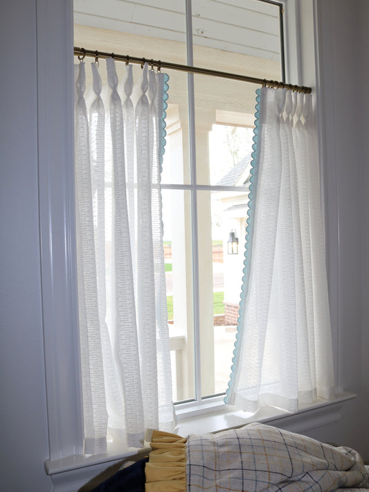 Sheer Cafe Curtain Set w/ Blue Trim