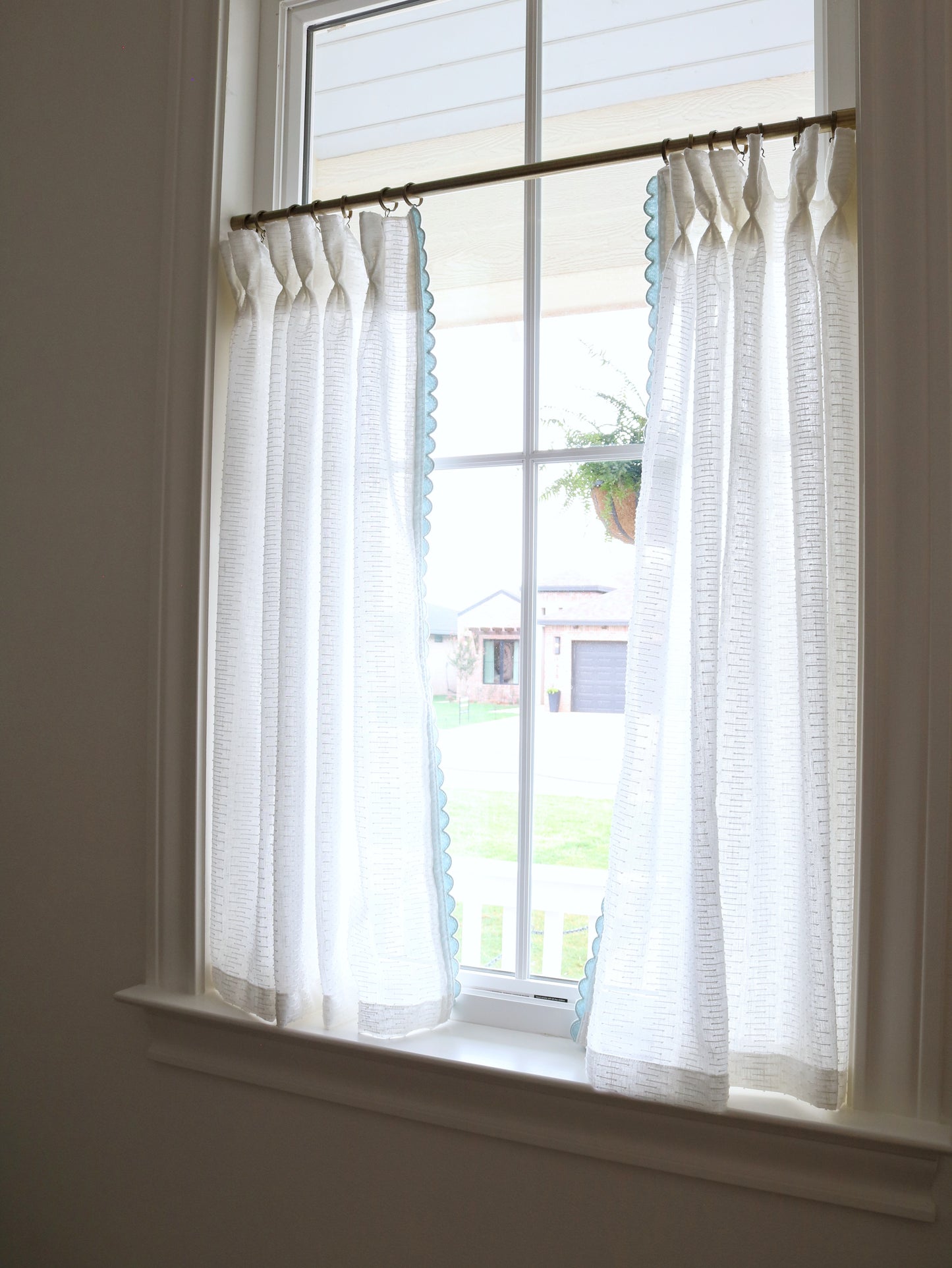 Sheer Cafe Curtain Set w/ Blue Trim
