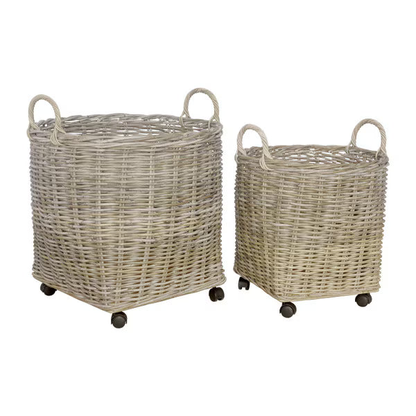 Round Rattan Storage Basket w/ Wheels
