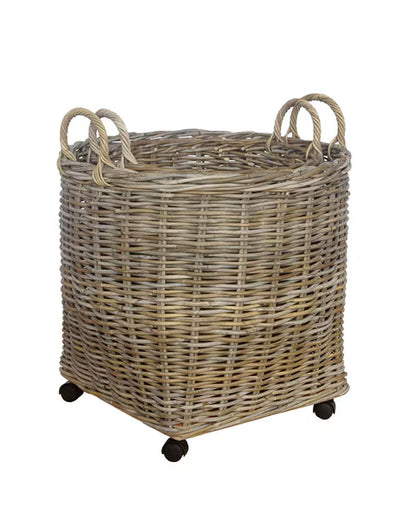 Round Rattan Storage Basket w/ Wheels