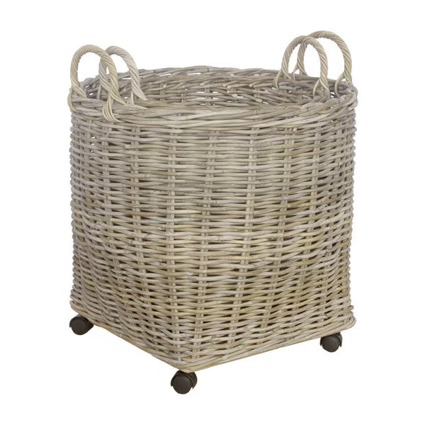 Round Rattan Storage Basket w/ Wheels