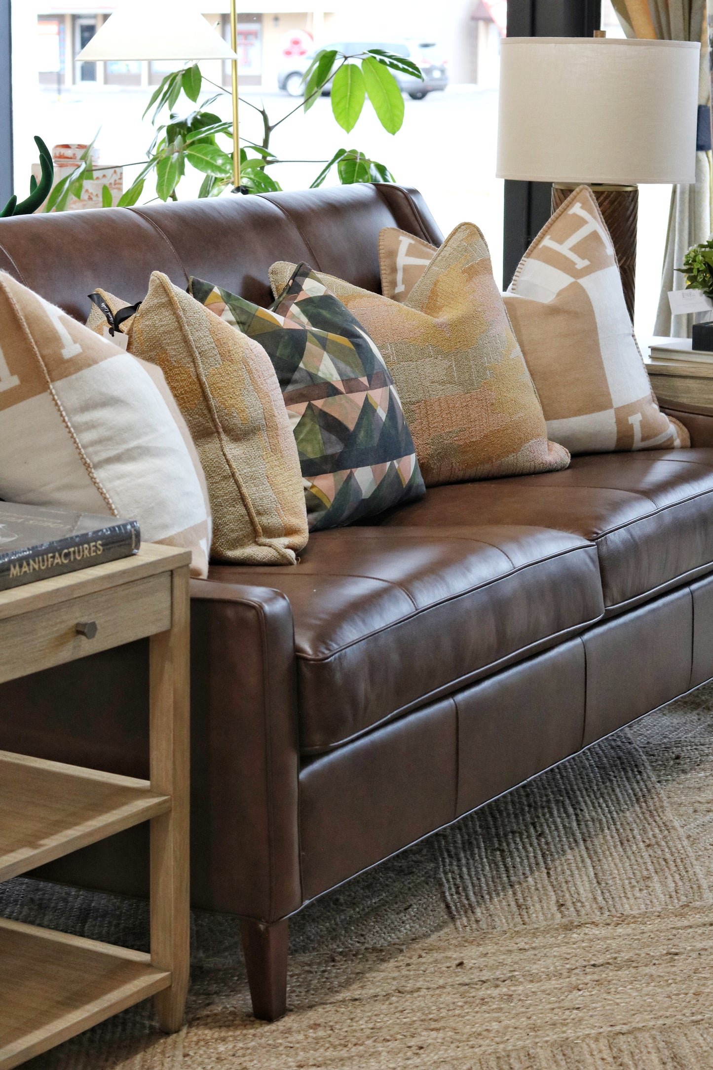 Brown Leather Sloped Arm Sofa