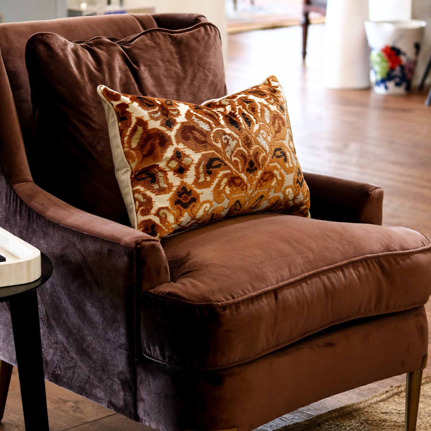 Brown Velvet Chair on Metal Legs