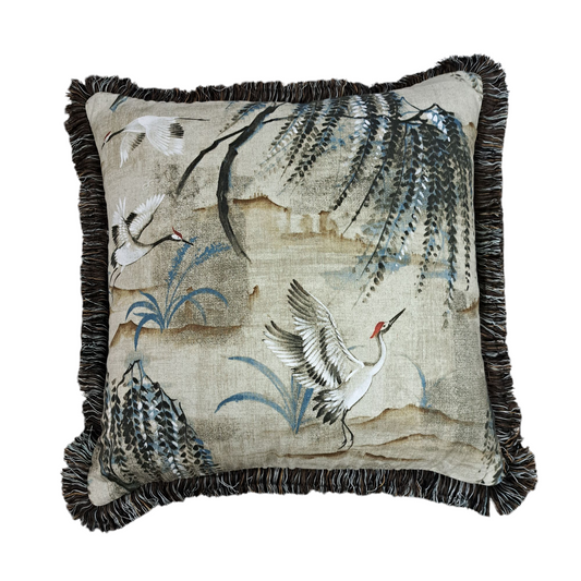 22” Crane Pillow with Brown Fringe
