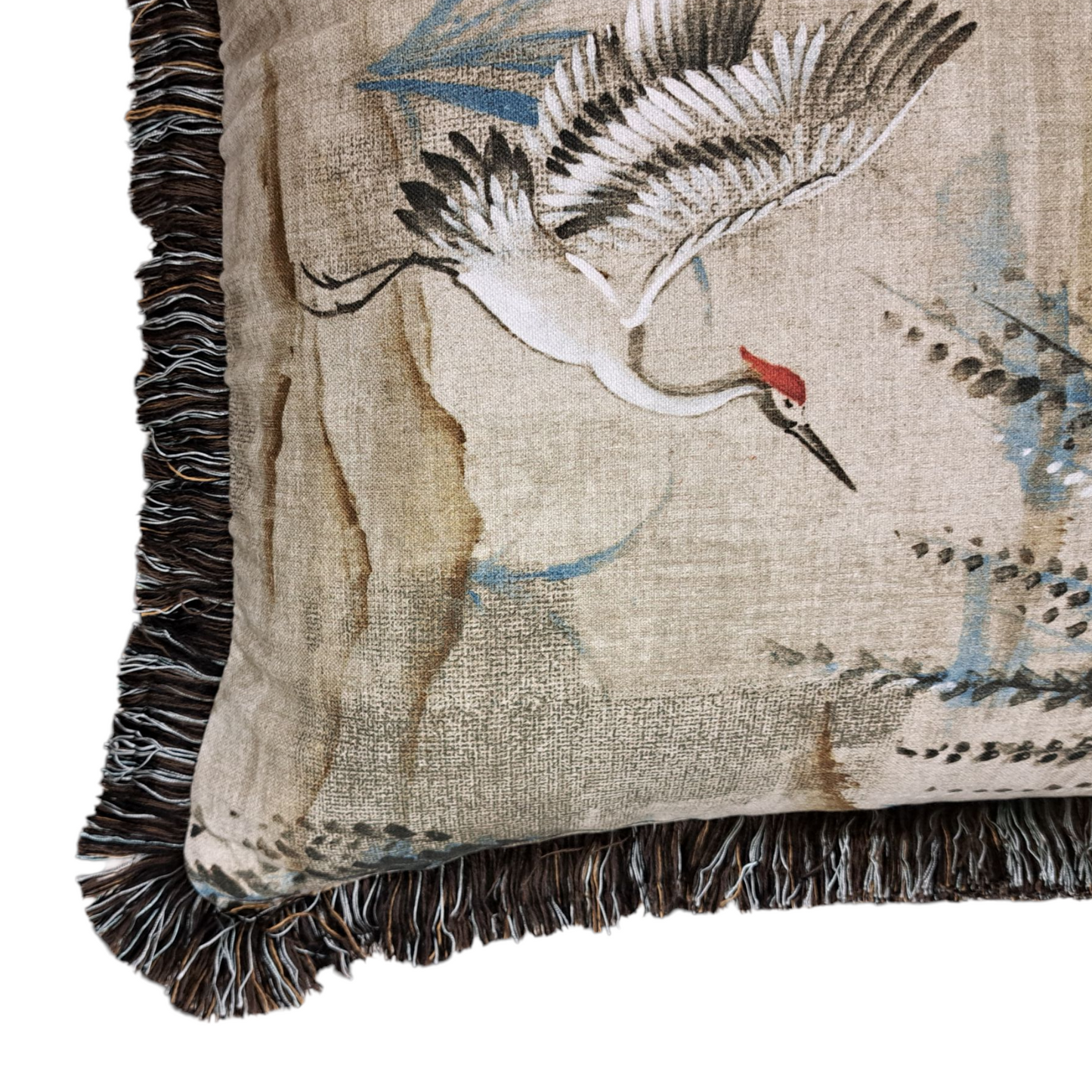 22” Crane Pillow with Brown Fringe