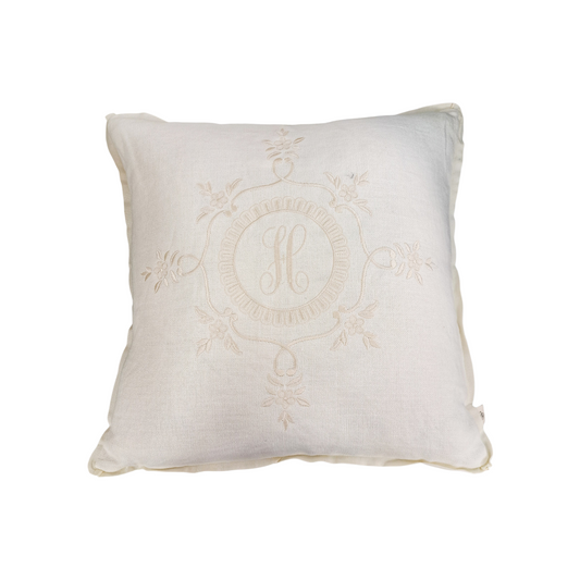 Ivory Basketweave Linen Pillow w/ Monogram - 22"