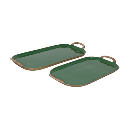 Enamel Metal Tray With Rattan Wrapped Handles
