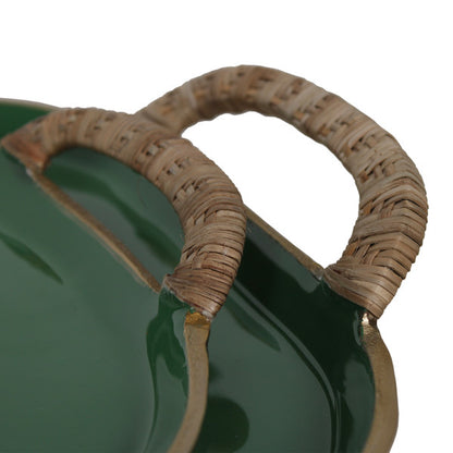 Enamel Metal Tray With Rattan Wrapped Handles