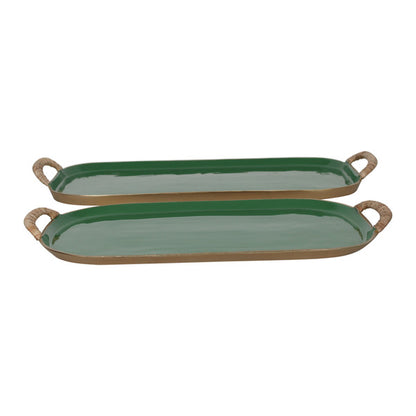 Enamel Metal Tray With Rattan Wrapped Handles