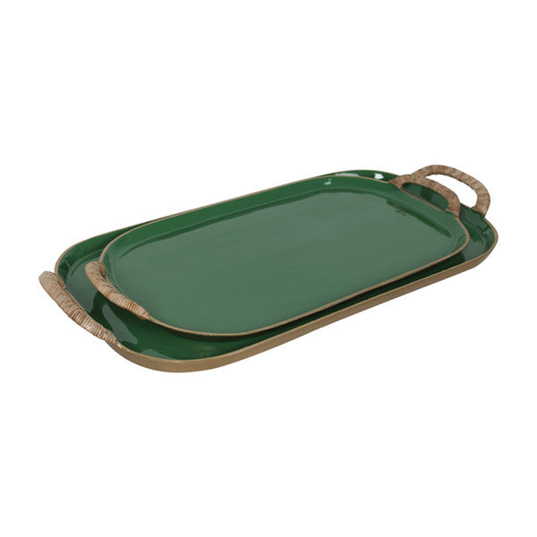 Enamel Metal Tray With Rattan Wrapped Handles