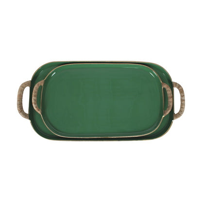 Enamel Metal Tray With Rattan Wrapped Handles