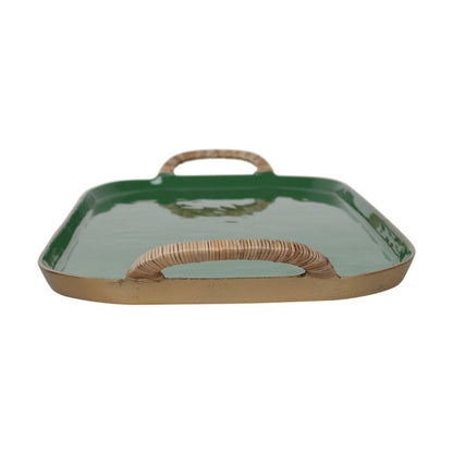 Enamel Metal Tray With Rattan Wrapped Handles