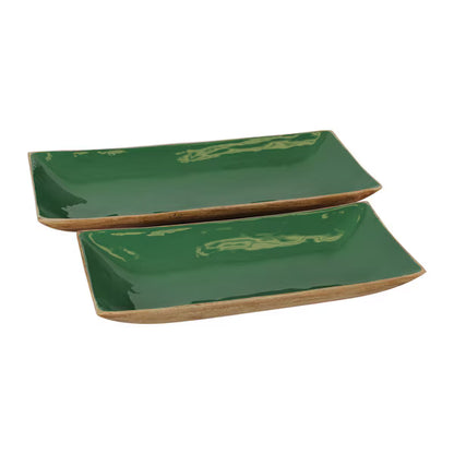 Enamel and Mangowood Rectangular Tray - Green
