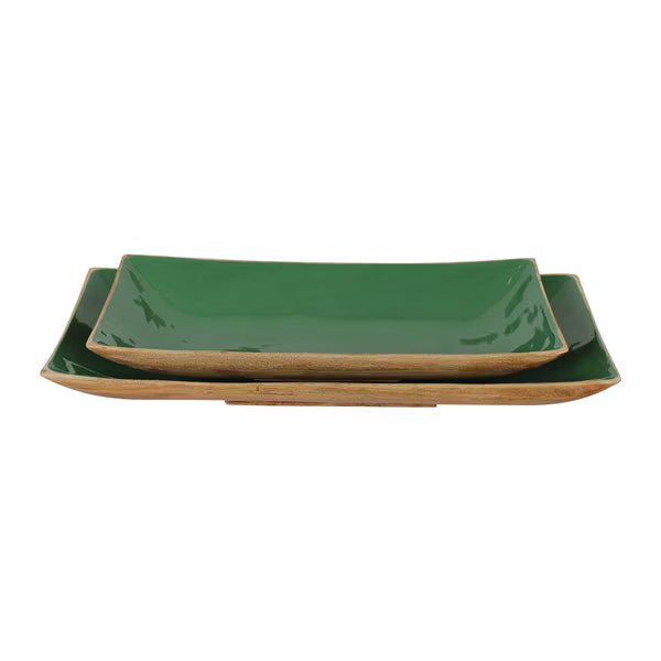 Enamel and Mangowood Rectangular Tray - Green