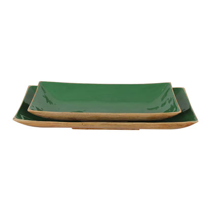 Enamel and Mangowood Rectangular Tray - Green