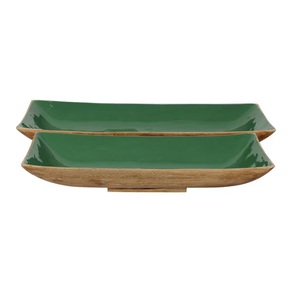 Enamel and Mangowood Rectangular Tray - Green