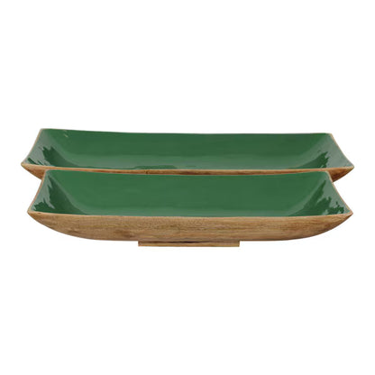 Enamel and Mangowood Rectangular Tray - Green