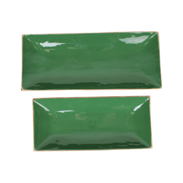 Enamel and Mangowood Rectangular Tray - Green