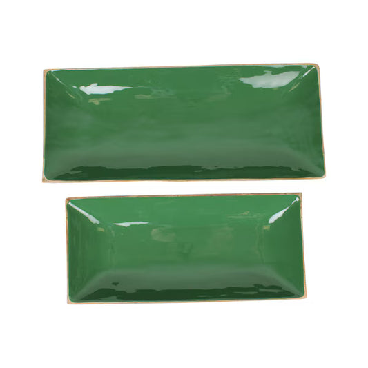 Enamel and Mangowood Rectangular Tray - Green