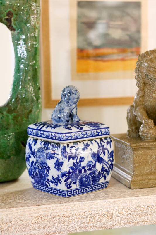 Porcelain Foo Dog Jar - Blue & White