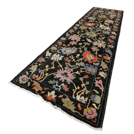 3'2" x 11'5" Black & Pastel Angora Oushak Runner