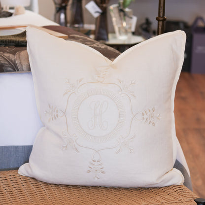 Ivory Basketweave Linen Pillow w/ Monogram - 22"