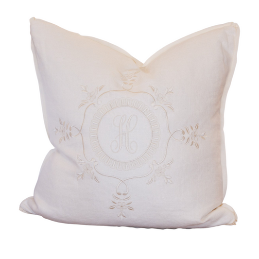 Ivory Basketweave Linen Pillow w/ Monogram - 22"