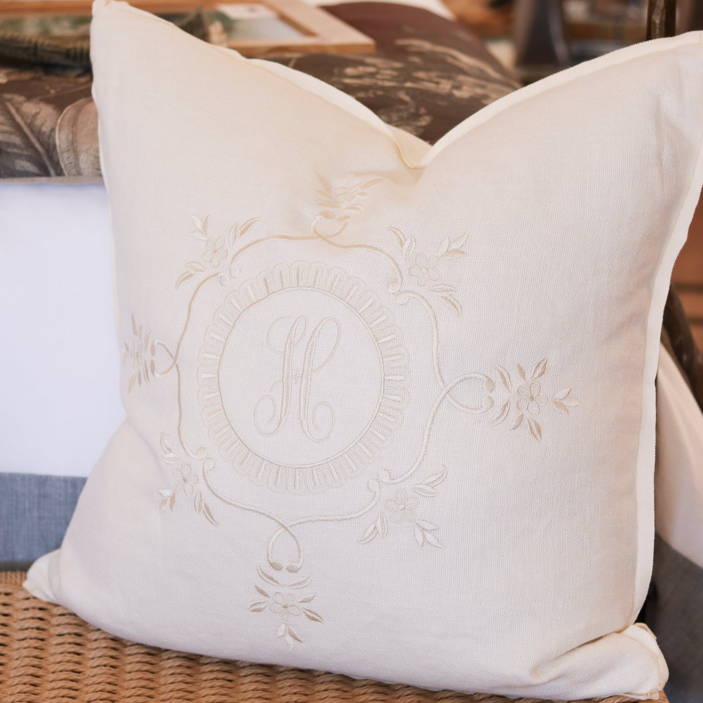 Ivory Basketweave Linen Pillow w/ Monogram - 22"