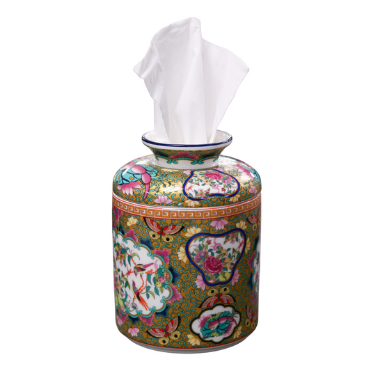 Round Porcelain Tissue Box in Canton Rose Medallion