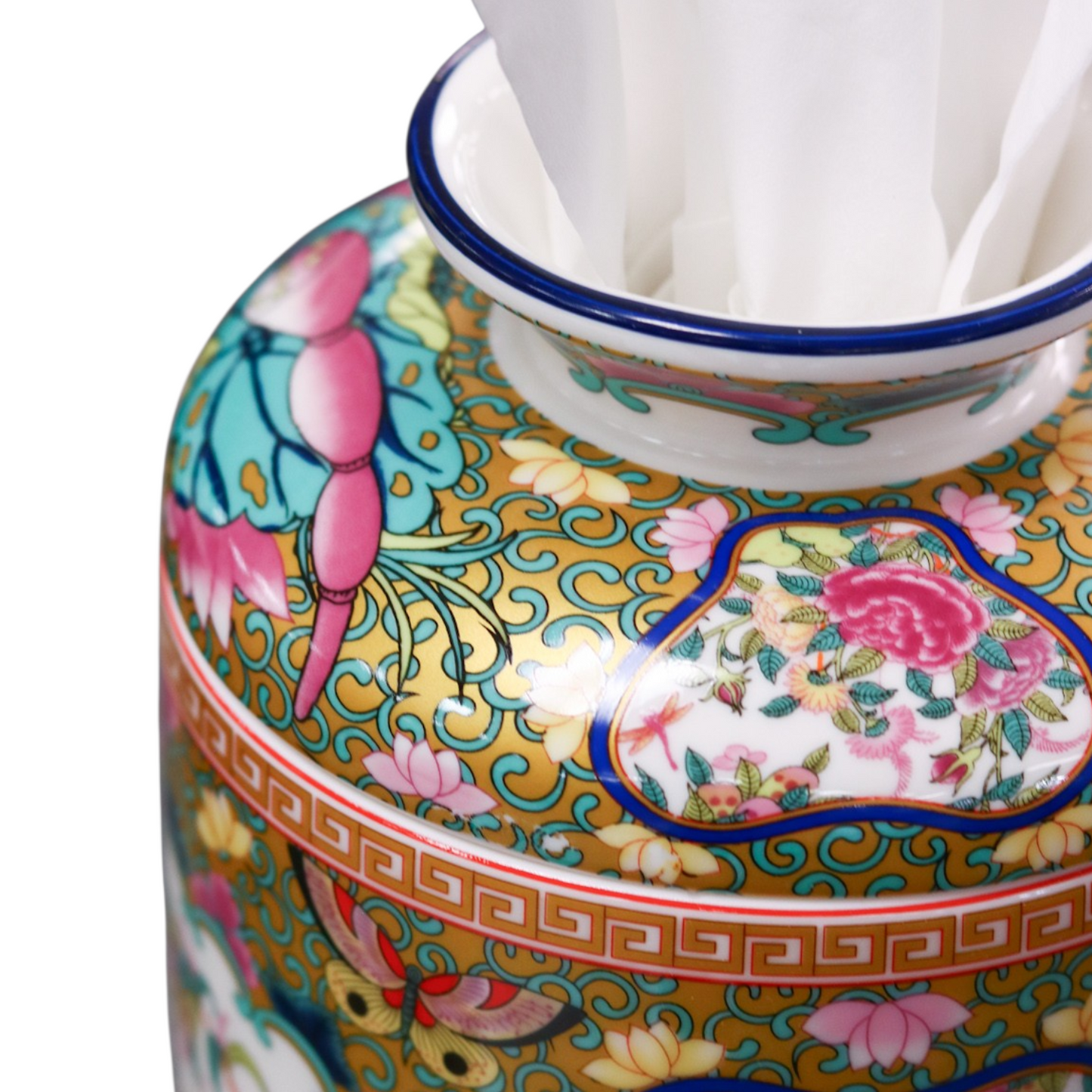 Round Porcelain Tissue Box in Canton Rose Medallion