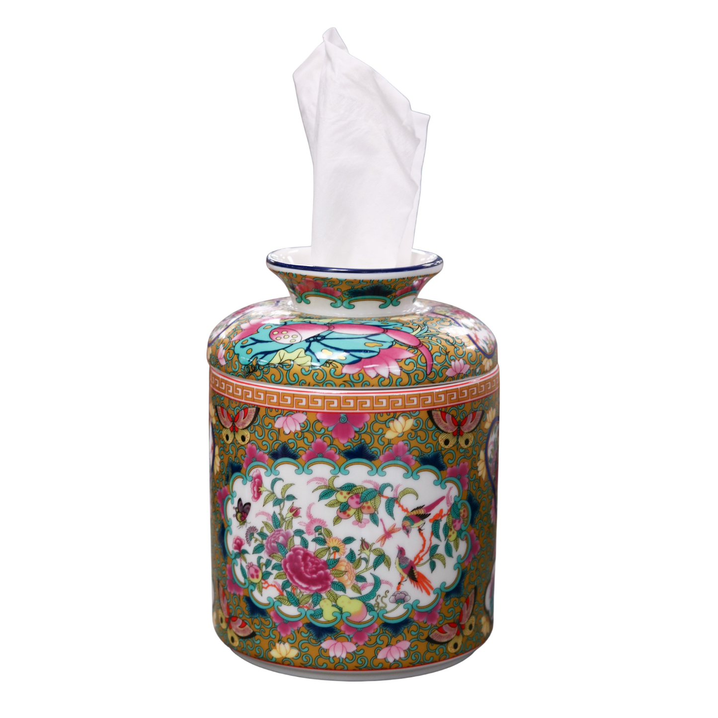 Round Porcelain Tissue Box in Canton Rose Medallion