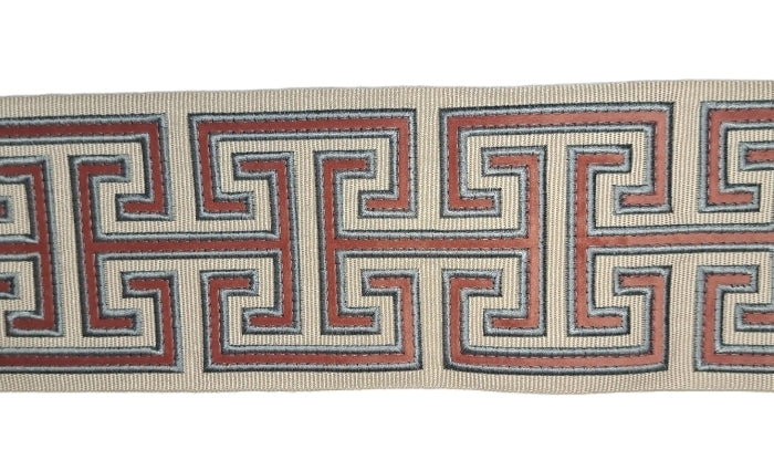 Coral Greek Key Embroidered Tape