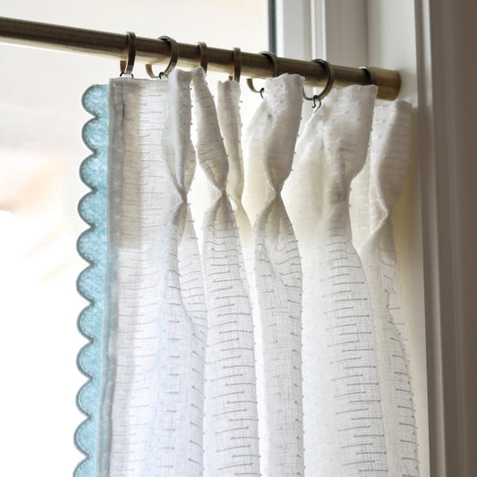 Sheer Cafe Curtain Set w/ Blue Trim