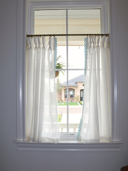 Sheer Cafe Curtain Set w/ Blue Trim