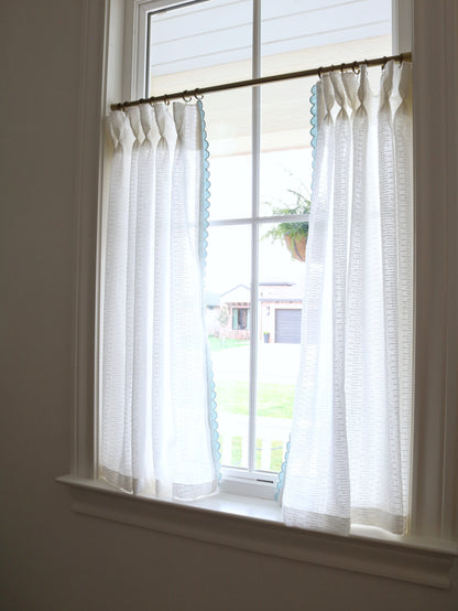 Sheer Cafe Curtain Set w/ Blue Trim